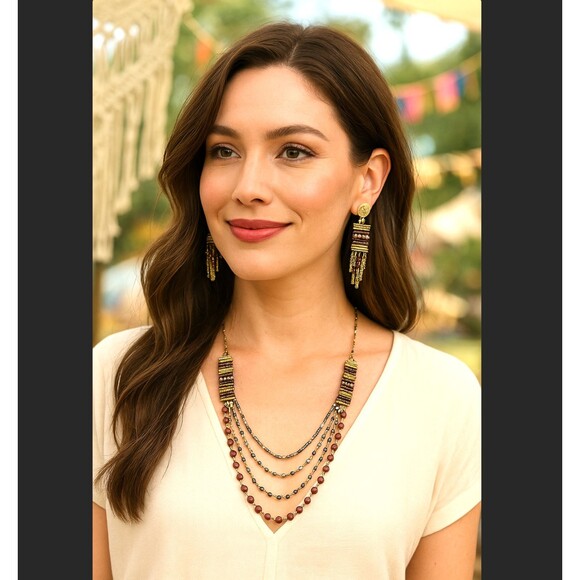 J. Jill Mixed Metal Faceted Iced Beaded Statement Necklace & Fringe Earrings Set - Picture 1 of 15